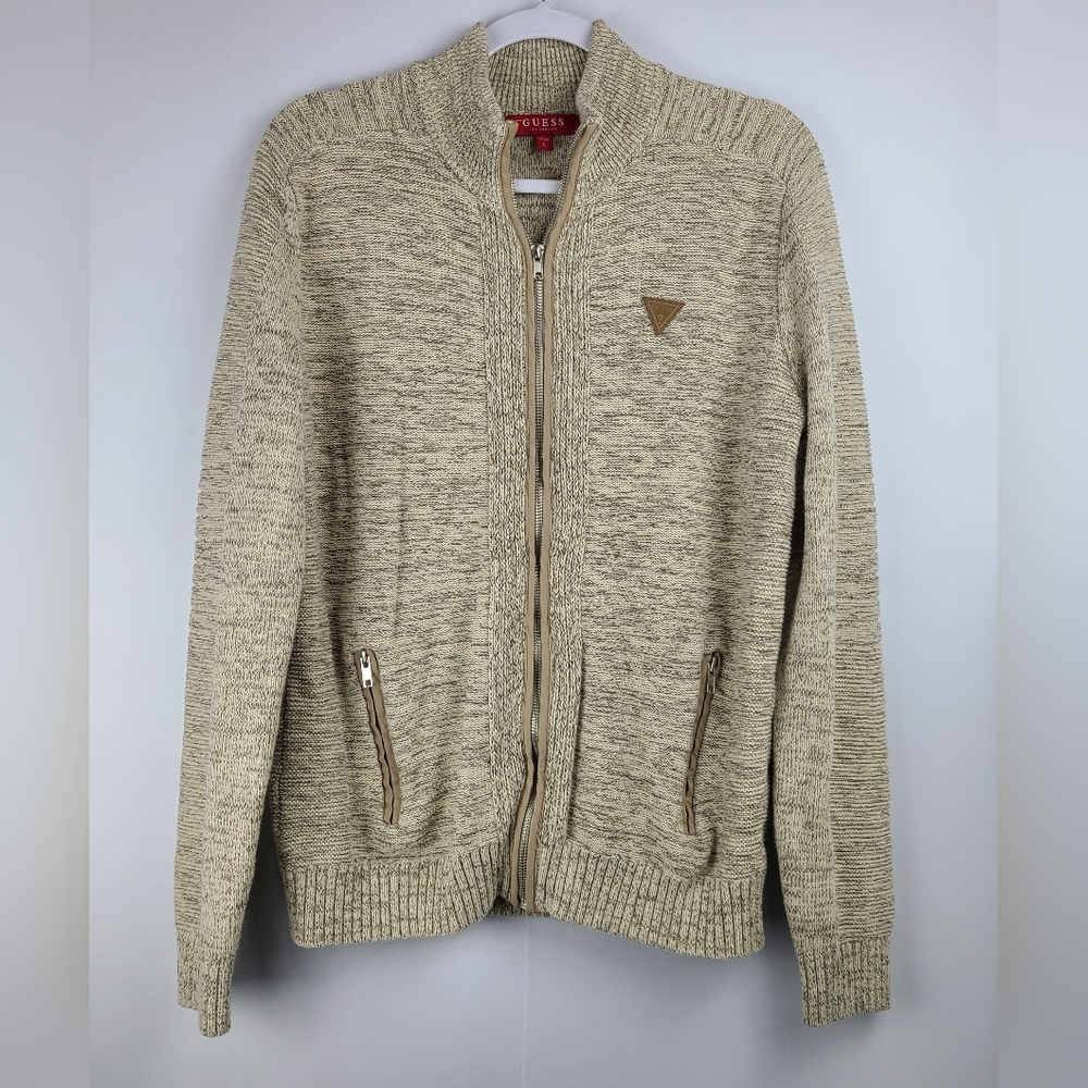 Guess cable knit zip-up cardigan w/ pockets, sz L (PTP 21")
